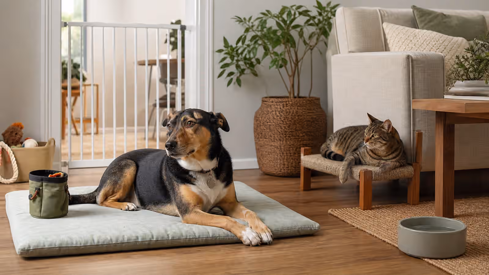A relaxed dog on a washable mat while a cat rests on a low perch near a pet gate.
