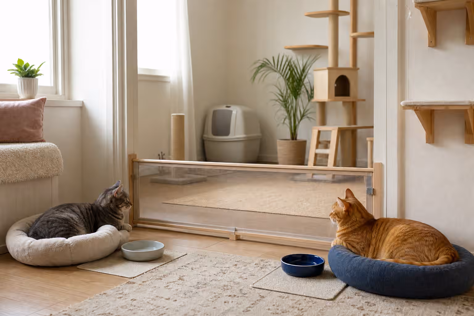 Two cats in a calm home introduction setup with a gate, separate beds, litter access, and vertical space.