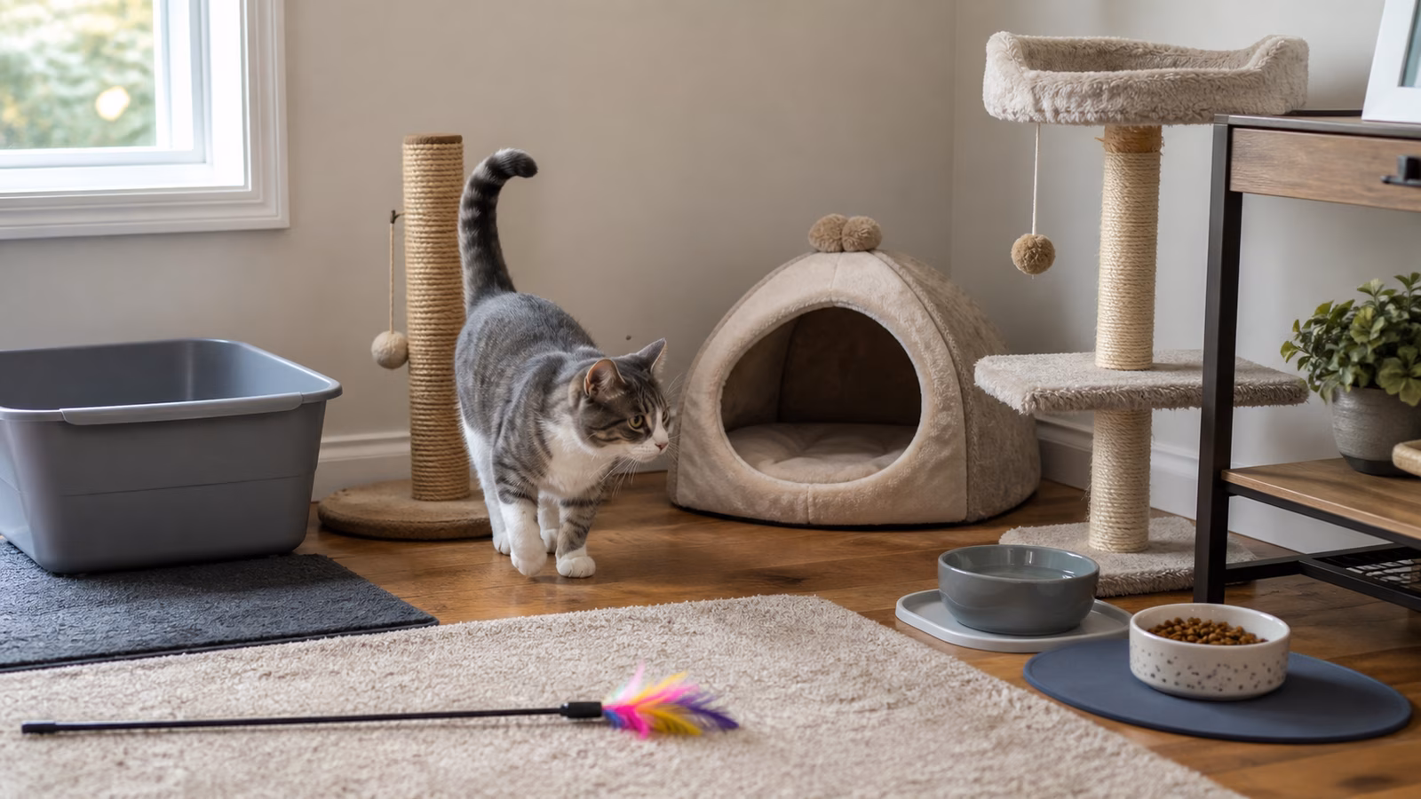 A new cat home base with a litter box, scratching post, hiding bed, food station, toys, and vertical perch.