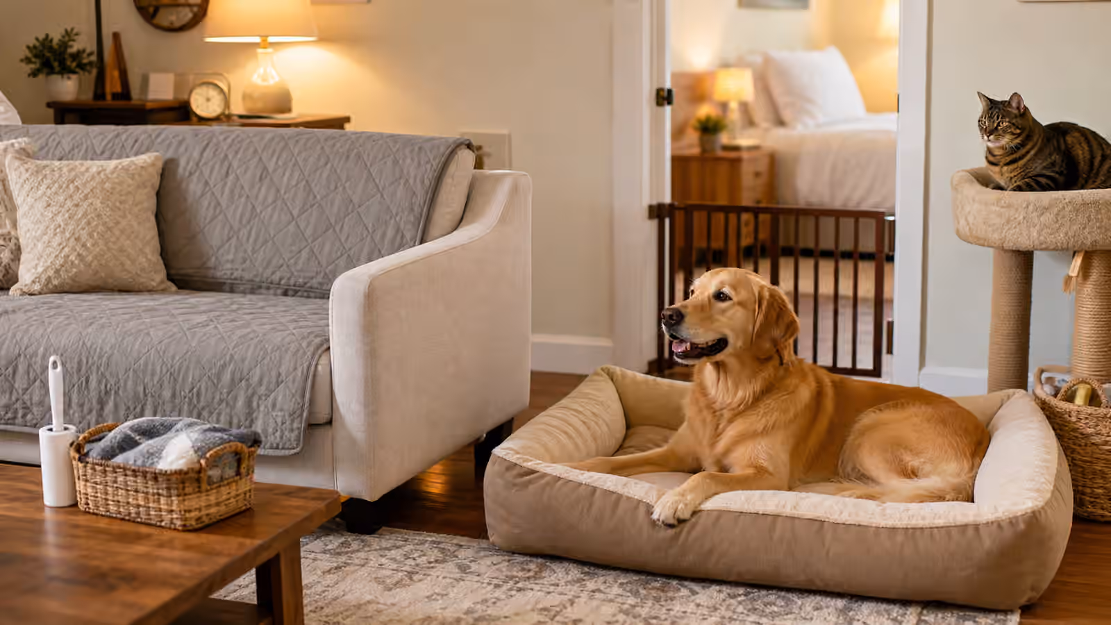 A dog resting in a floor bed beside a covered couch while a cat sits on a nearby perch.