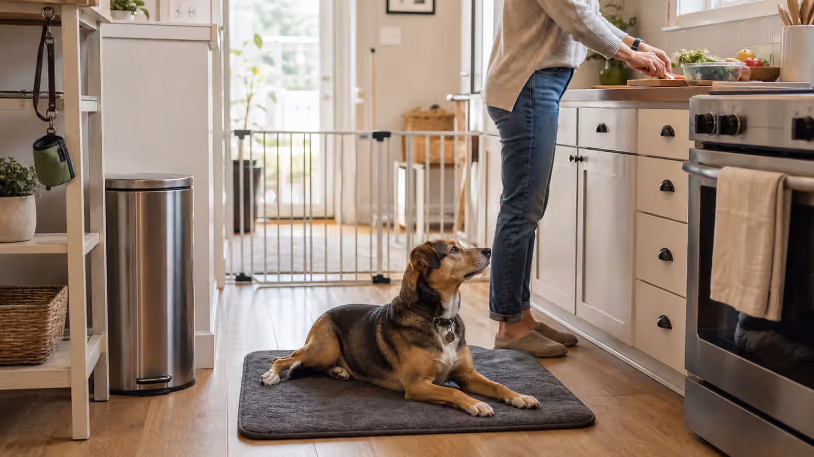 A calm dog resting on a mat at the edge of a tidy kitchen while food stays out of reach.