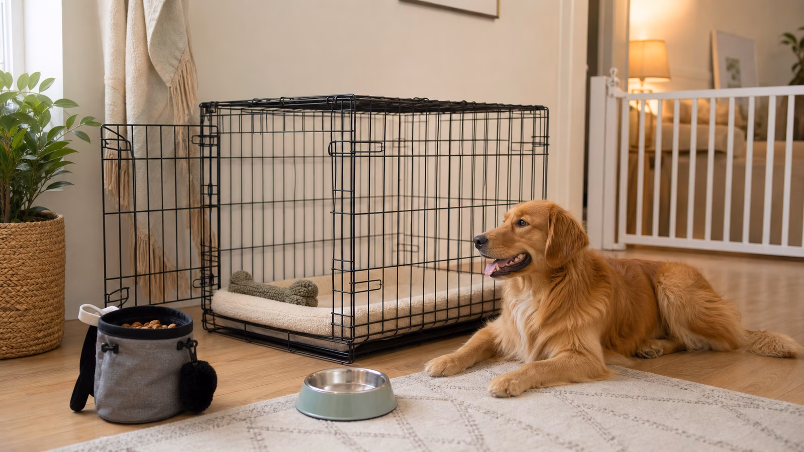 A cozy dog crate setup in a calm room with a washable mat, water nearby, safe chew toy, and soft lighting.