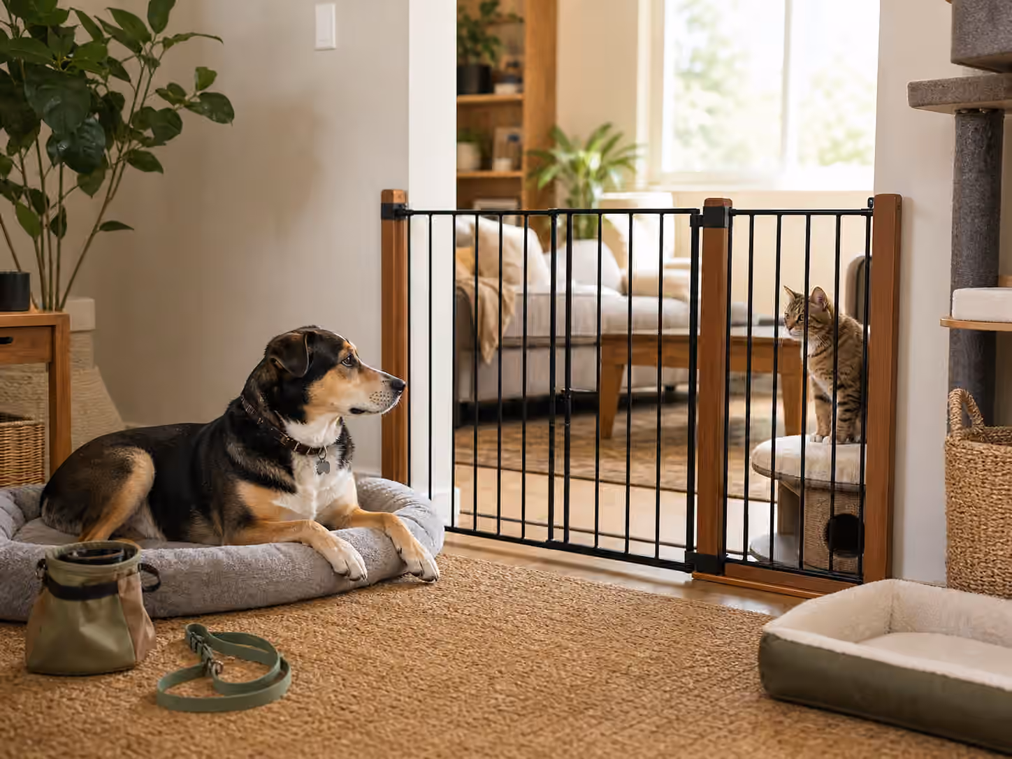 A calm dog and cat introduction setup with a pet gate, beds, leash, treat pouch, and cat perch.