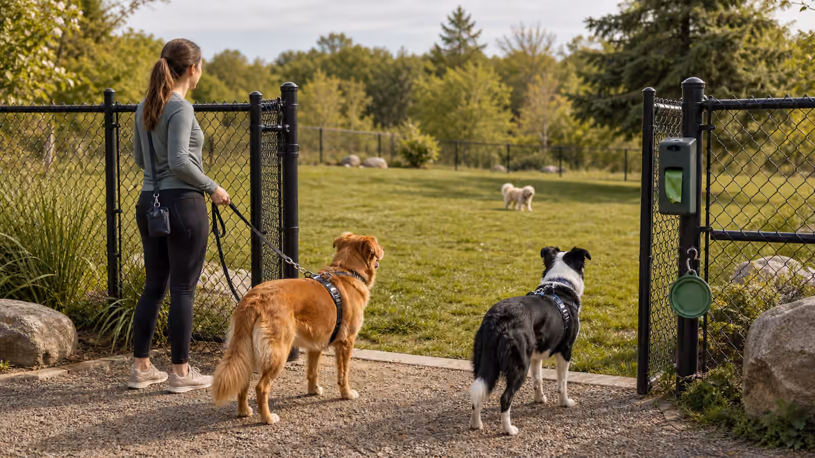 Two leashed dogs pausing outside a fenced dog area while another dog rests in the distance.