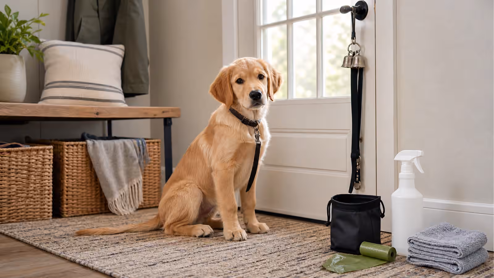 A calm dog waiting near an entry door with a leash, towel, cleaner, waste bags, and a treat pouch.