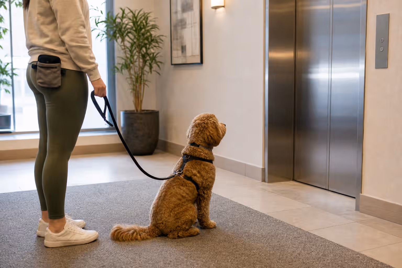 A leashed dog waiting calmly near an apartment elevator with a mat, leash, and clear hallway space.