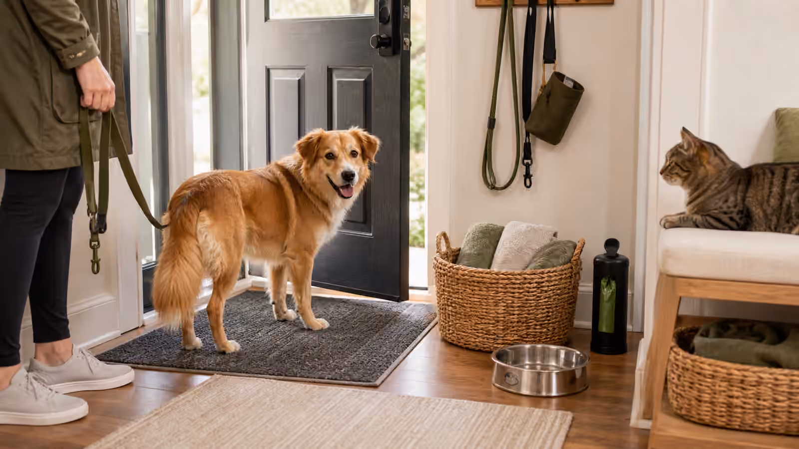 A calm dog standing on an entry mat near towels, leashes, a water bowl, and a cat resting away from the door.
