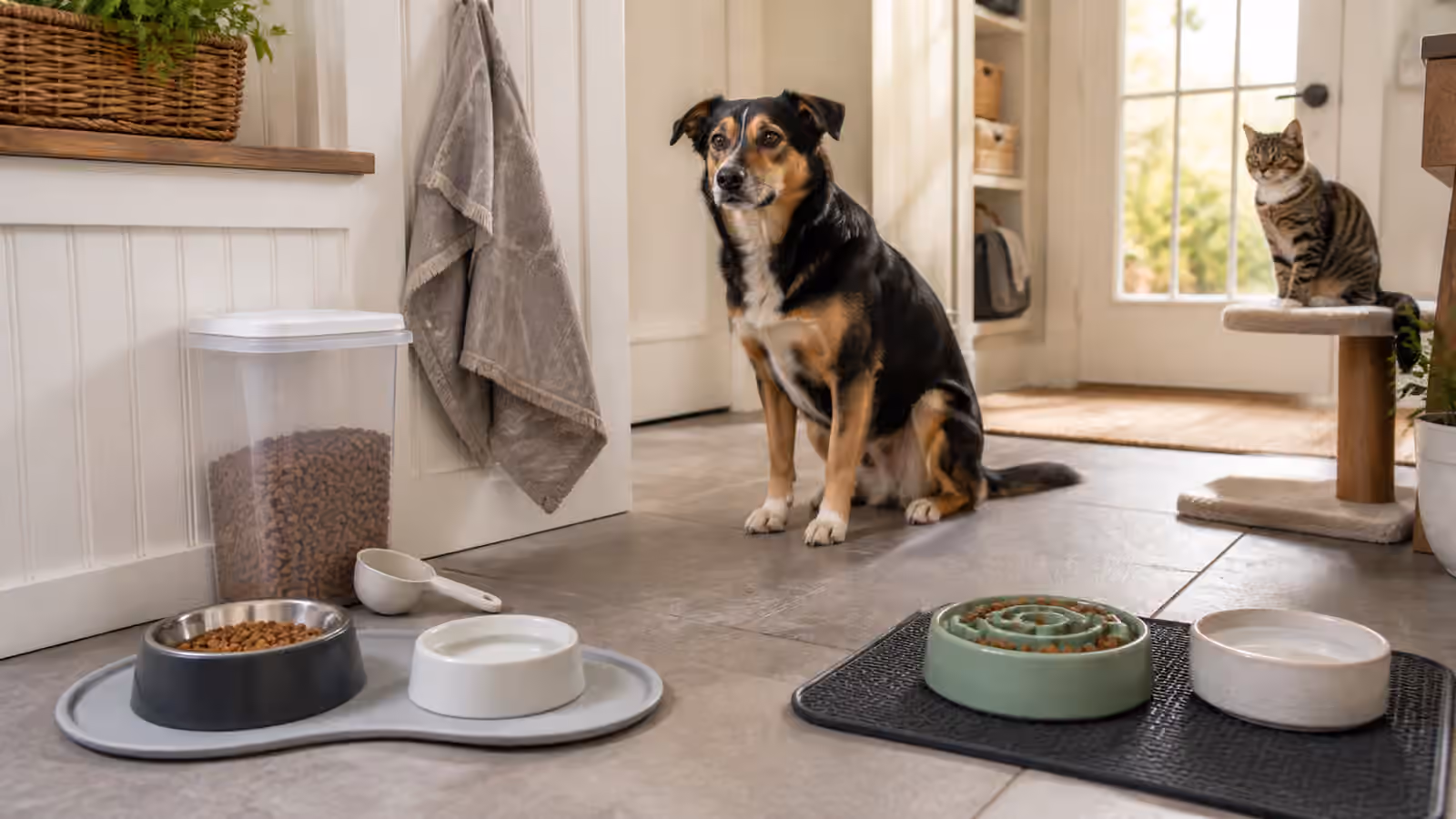 A tidy dog and cat feeding area with separated bowls, mats, a slow feeder, food storage, and calm pets.