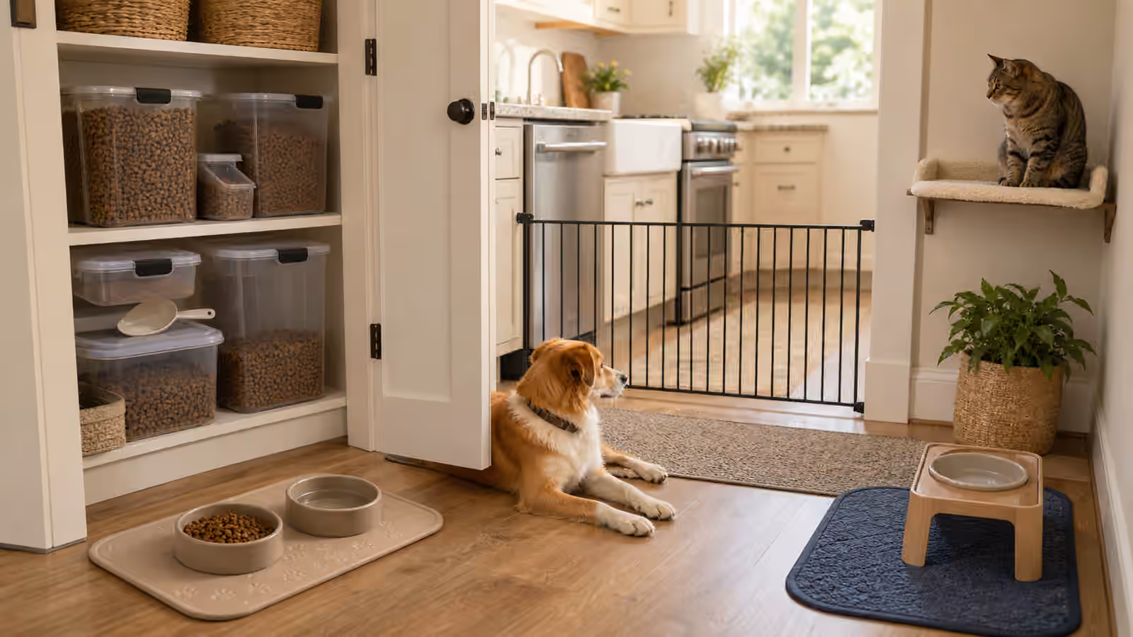 Sealed pet food containers, bowls on washable mats, a low gate, a dog, and a cat perch near a tidy kitchen.