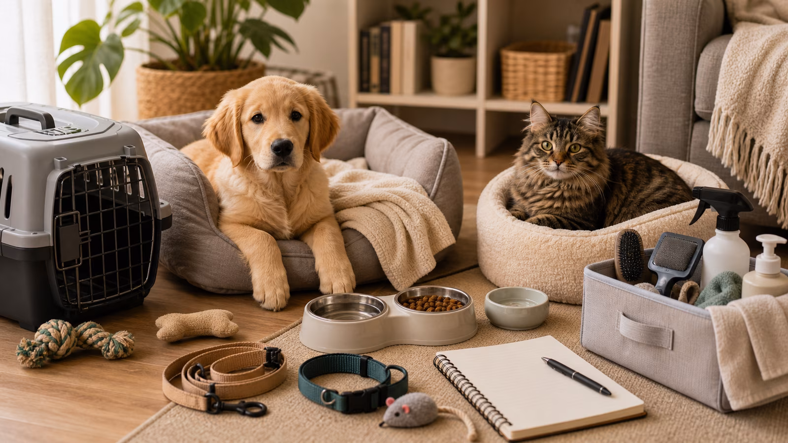 Dog bed, cat bed, bowls, leash, carrier, toys, brush, and pet-care supplies in a calm home setup.