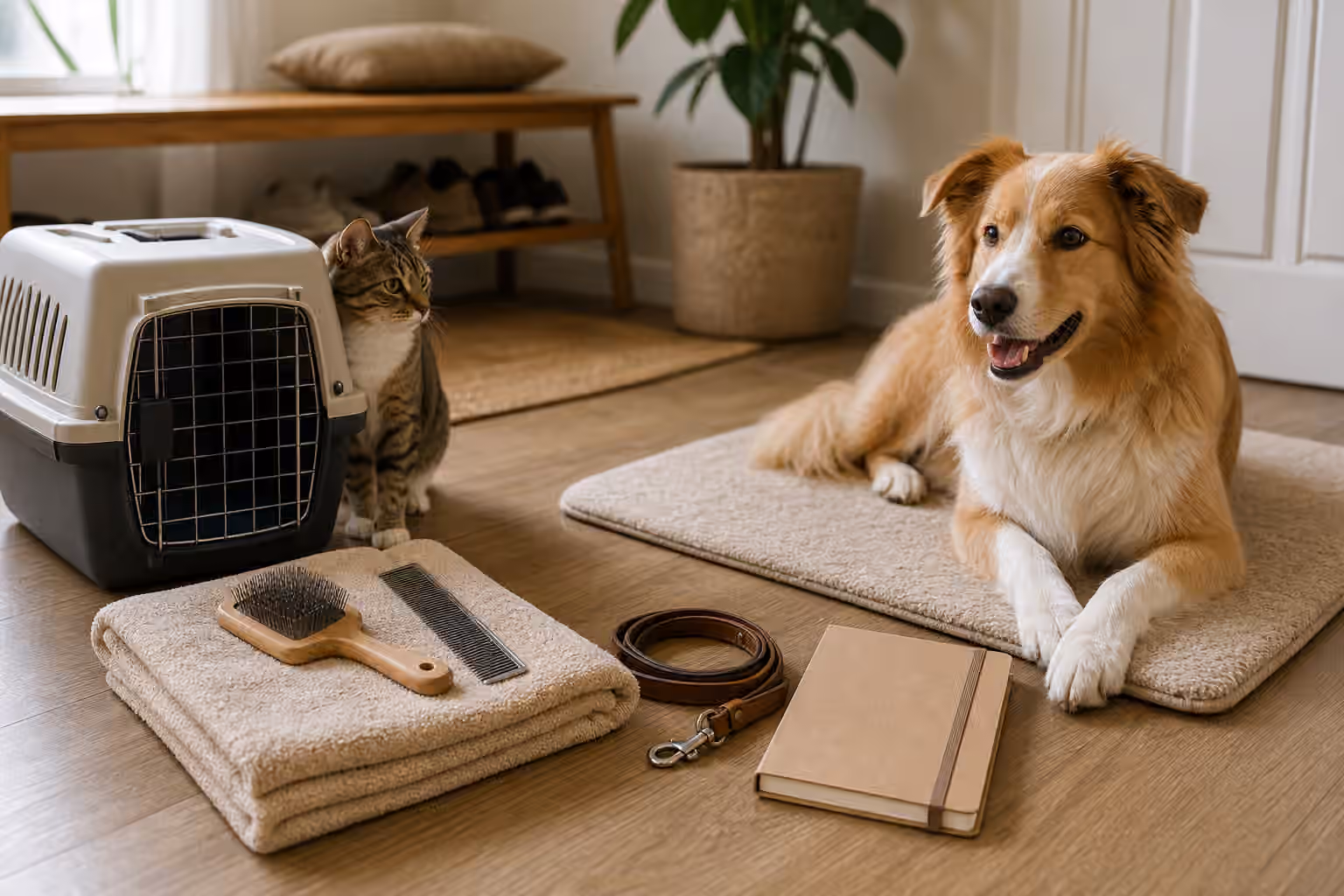 A pet grooming handoff setup with a brush, towel, carrier, leash, coat notes, and calm dog and cat resting nearby.