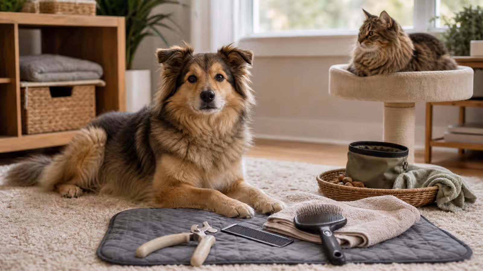 A calm home grooming setup with brushes, nail clippers, towel, treat pouch, relaxed dog, and cat perch.