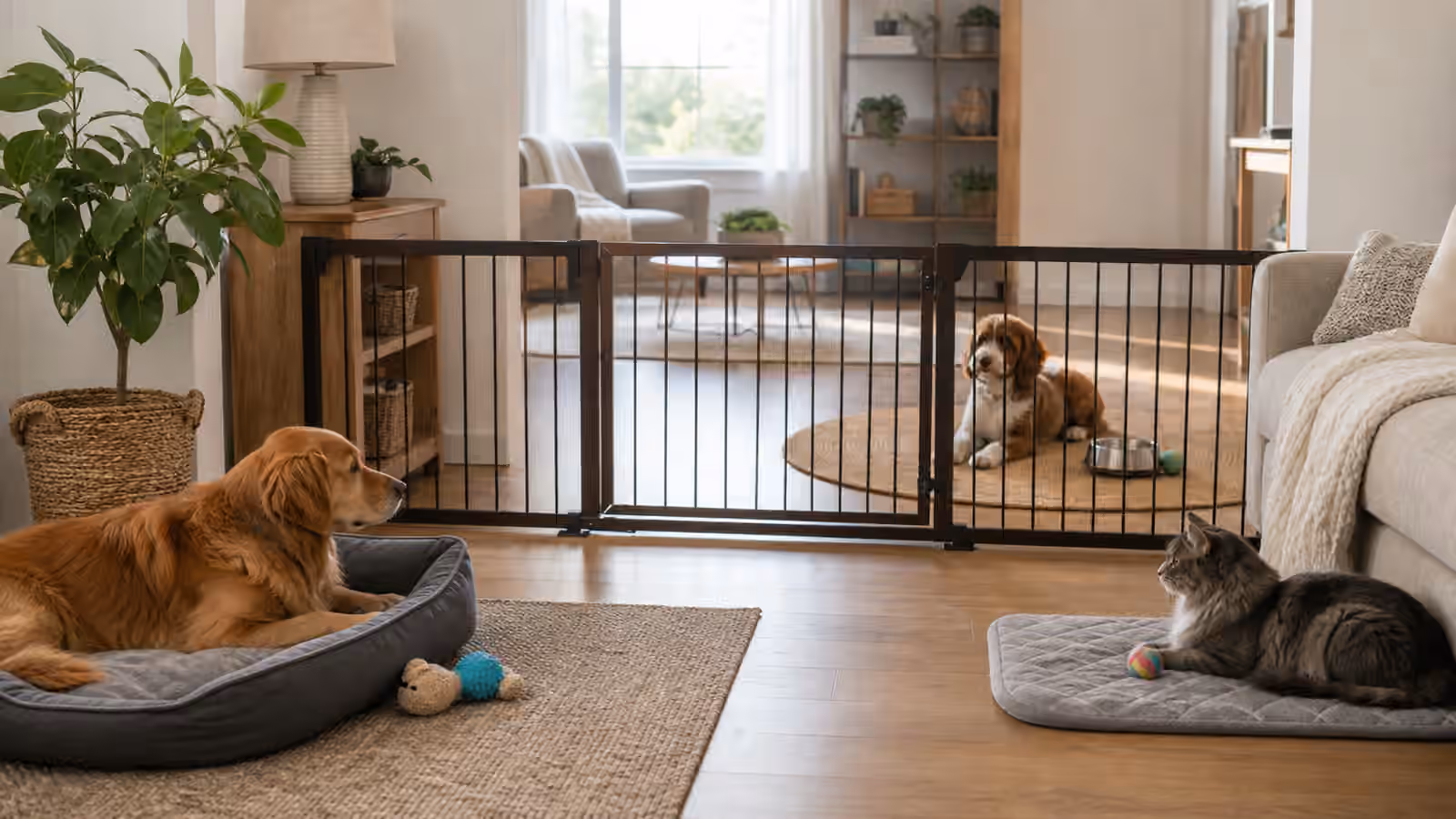 Two calm pets resting on opposite sides of a low gate with separate beds, bowls, and toys in a living room.