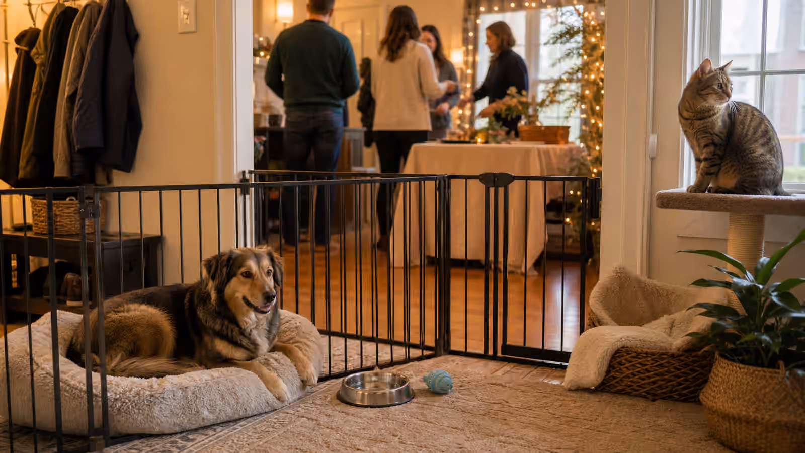 A calm dog behind a pet gate and a cat on a perch while a home is prepared for a small gathering.