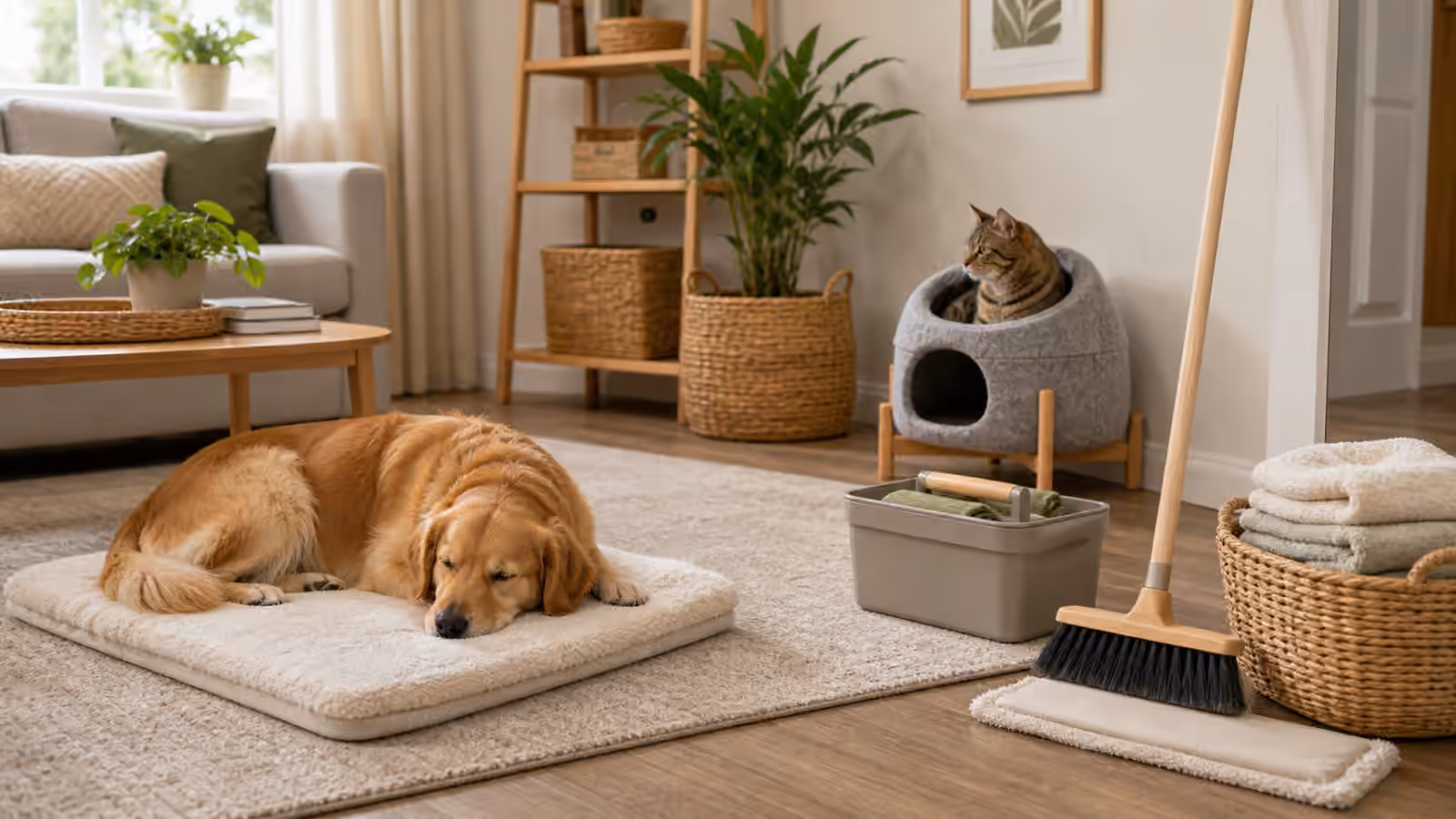 A calm dog on a mat and a cat in a hideaway while a broom, mop, towels, and cleaning caddy sit nearby.