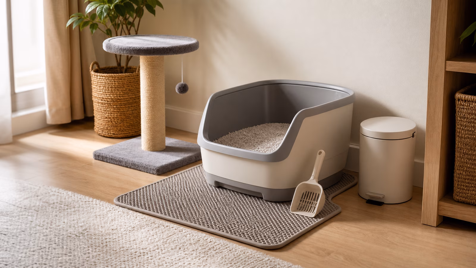 A clean litter box setup with a large box, scoop, mat, trash bin, and nearby scratching post in a quiet corner.