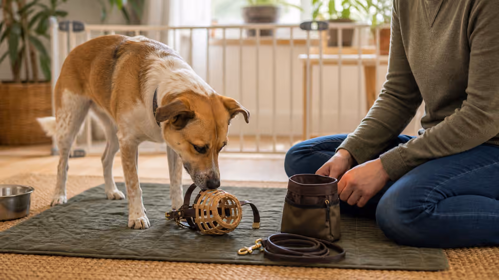 A calm dog voluntarily sniffing a basket muzzle on a washable mat while a person sits nearby.