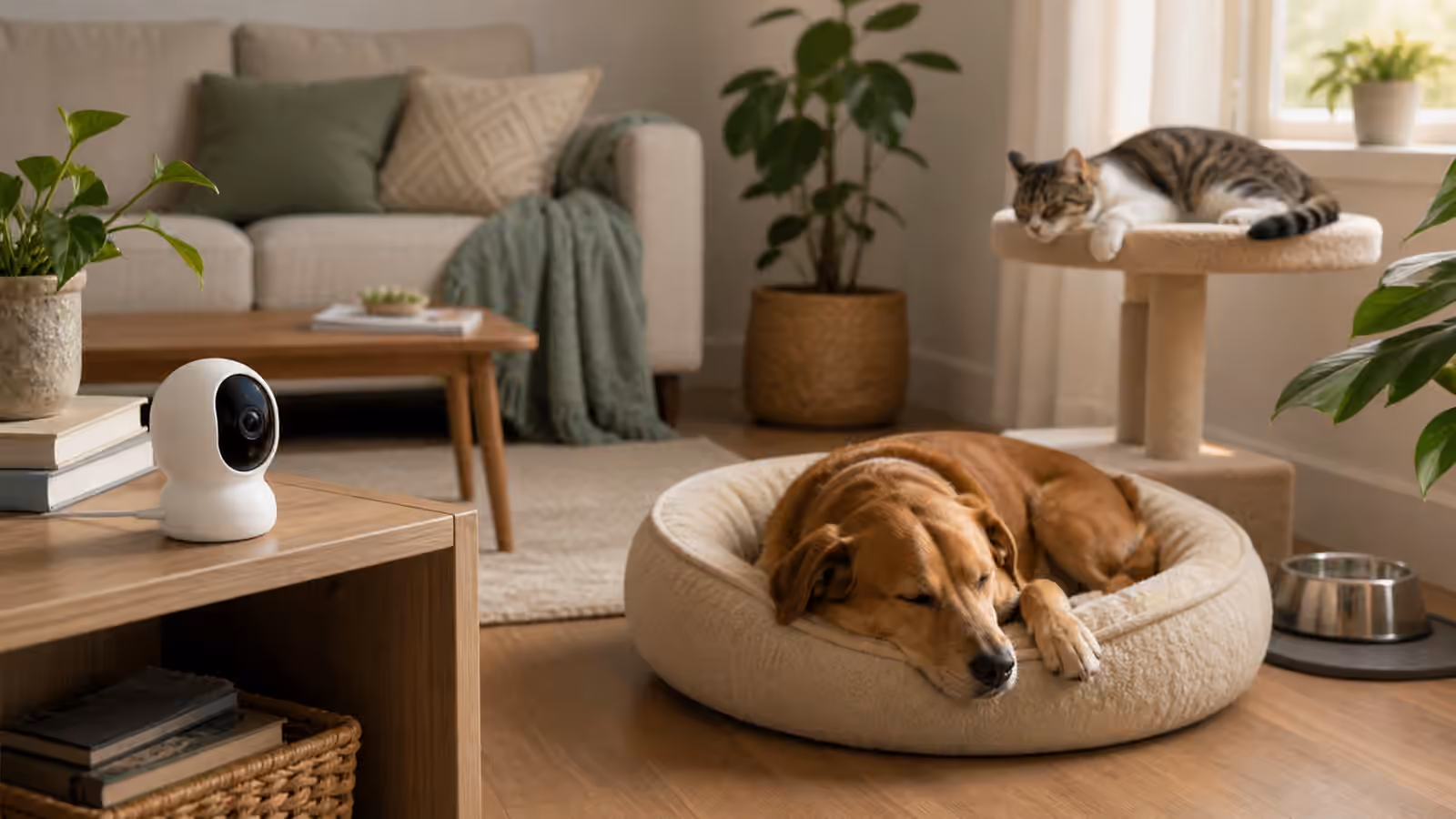 A small pet camera on a shelf facing a calm dog bed and cat perch in a tidy living room.
