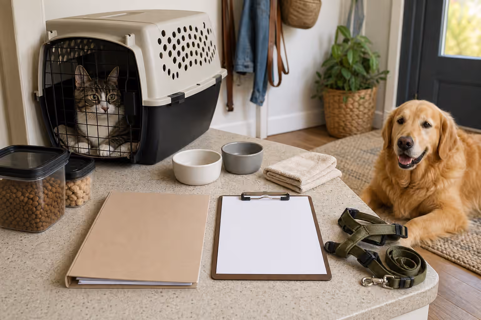 A dog and cat near an organized pet care records station with a blank binder, clipboard, carrier, bowls, towel, leash, and food containers.