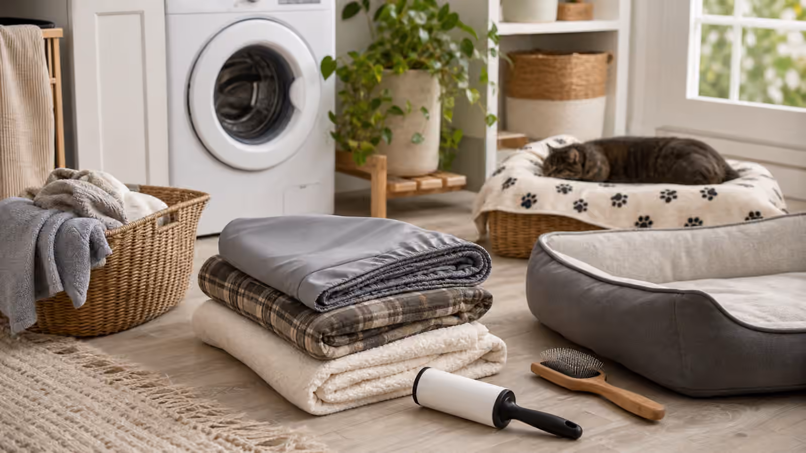 Folded pet blankets, towels, a lint roller, and a calm cat bed beside a laundry area.