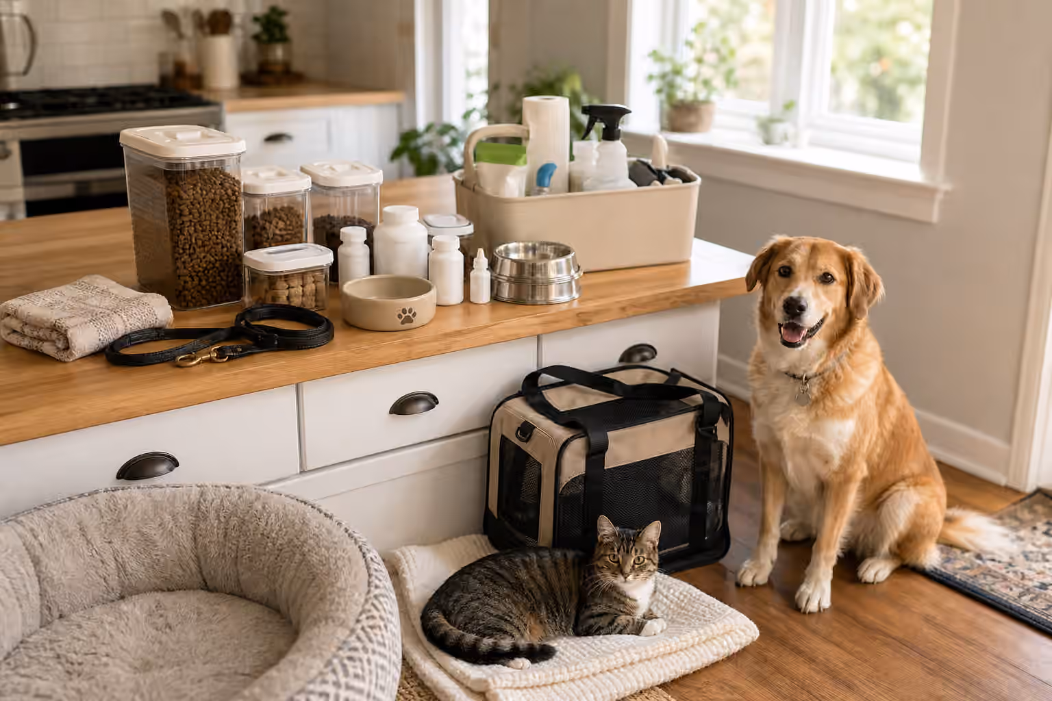 A pet sitter handoff station with food containers, bowls, leash, carrier, cleaning caddy, dog, cat, bed, and towels.