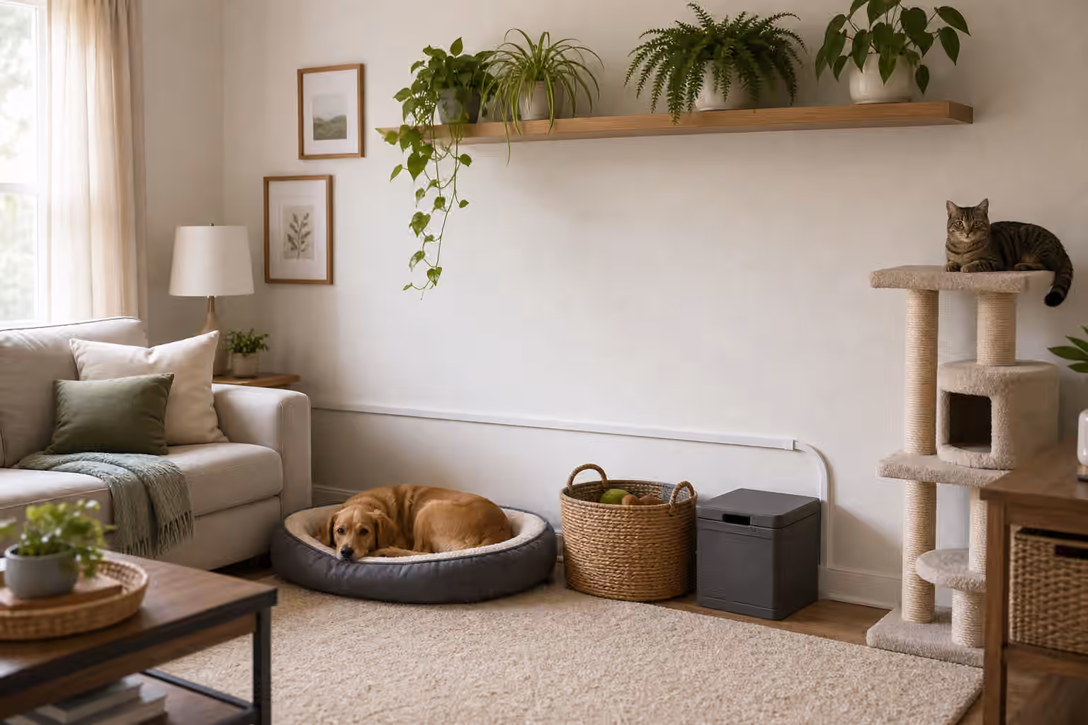 A pet-proofed room with raised plants, covered cords, closed storage bins, a dog bed, and a cat perch.