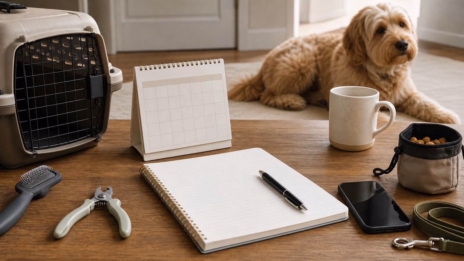 A pet care decision setup with a calendar, phone, grooming brush, leash, carrier, and notebook for vet or trainer questions.