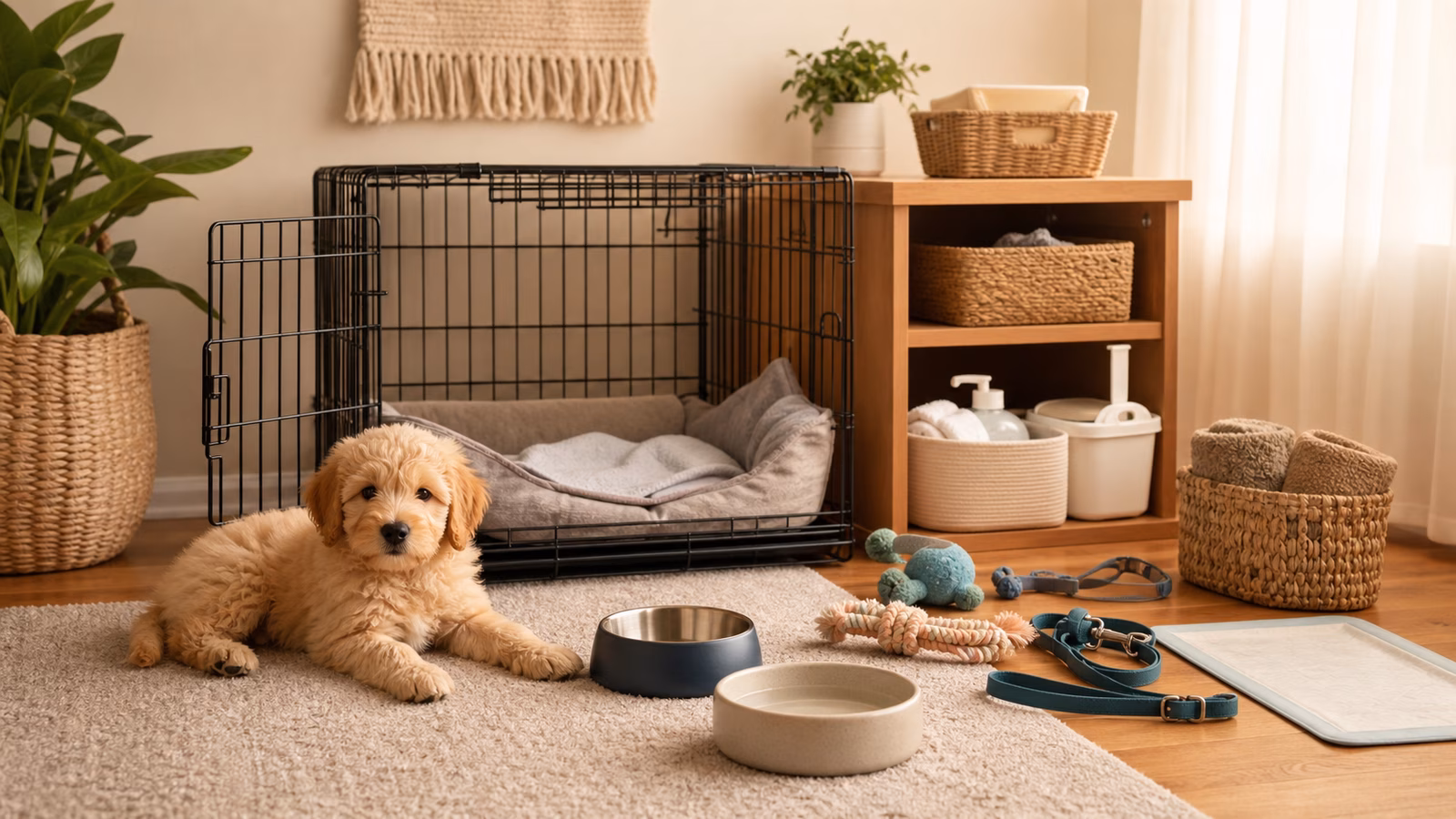 A new puppy first week setup with a crate, washable bed, bowls, toys, potty supplies, and a simple routine station.