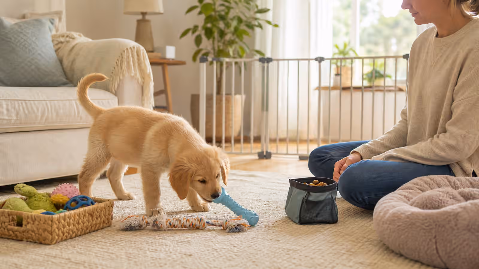 A puppy choosing a chew toy on a washable rug near a pet gate, toy basket, and calm seated person.