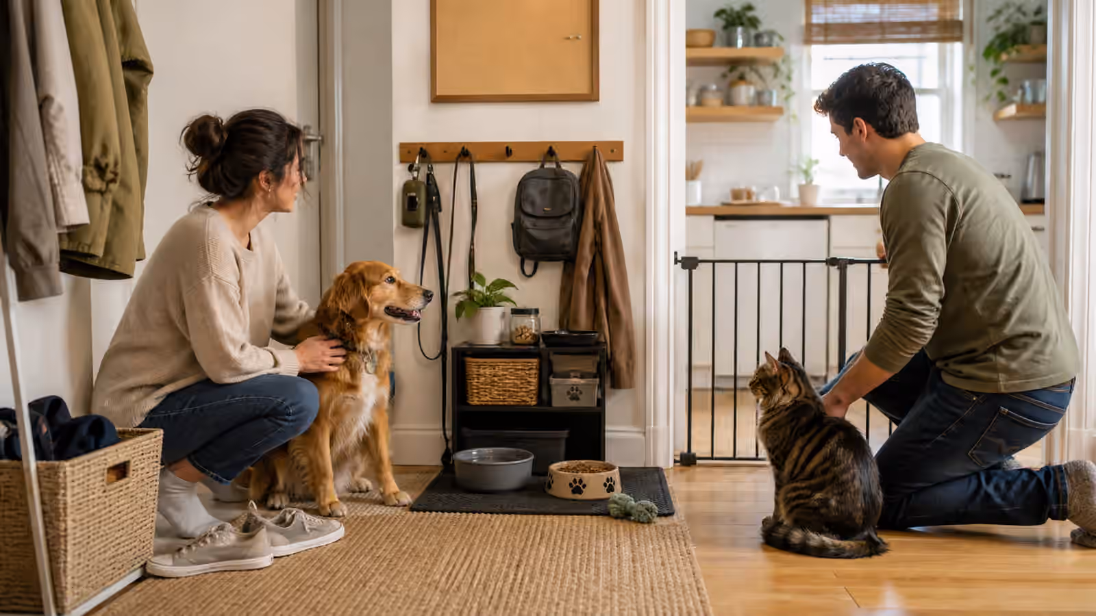A shared apartment pet station with a calm dog, cat, bowls, leash, gate, and two adults coordinating nearby.