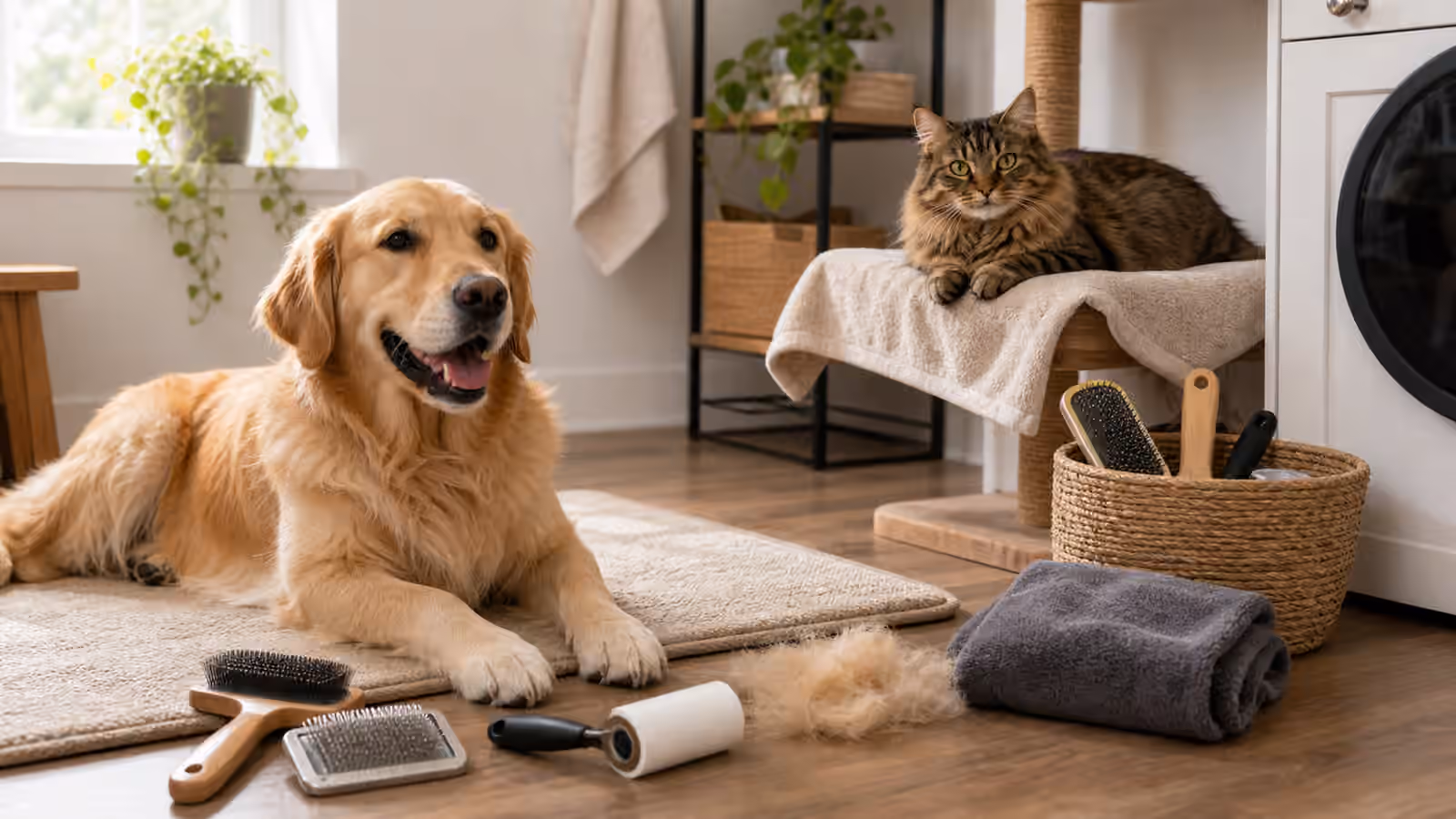 A calm dog and cat near grooming brushes, towels, a lint roller, and a tidy fur cleanup basket.