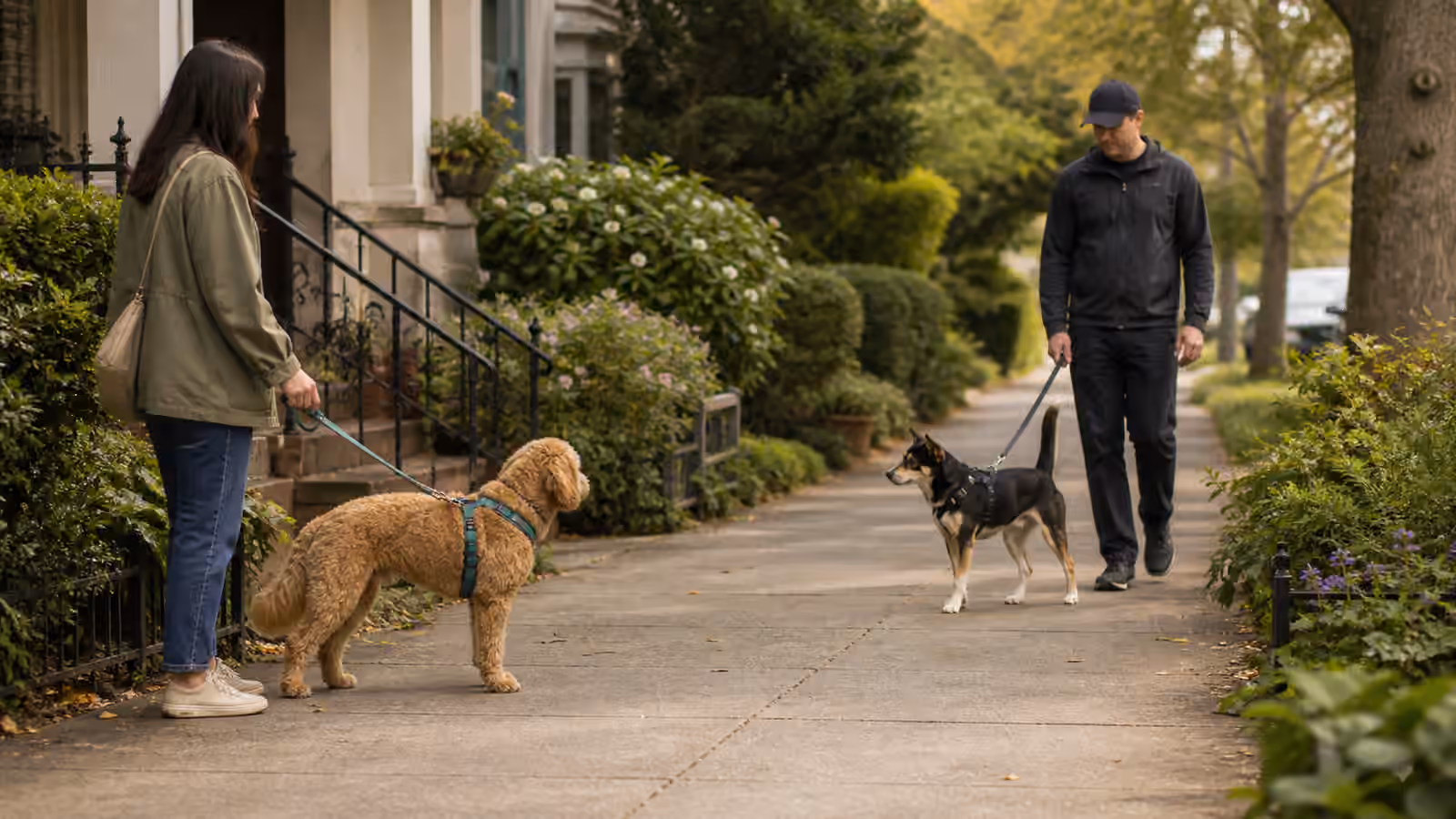 Two leashed dogs passing each other at a comfortable distance on a quiet residential sidewalk.