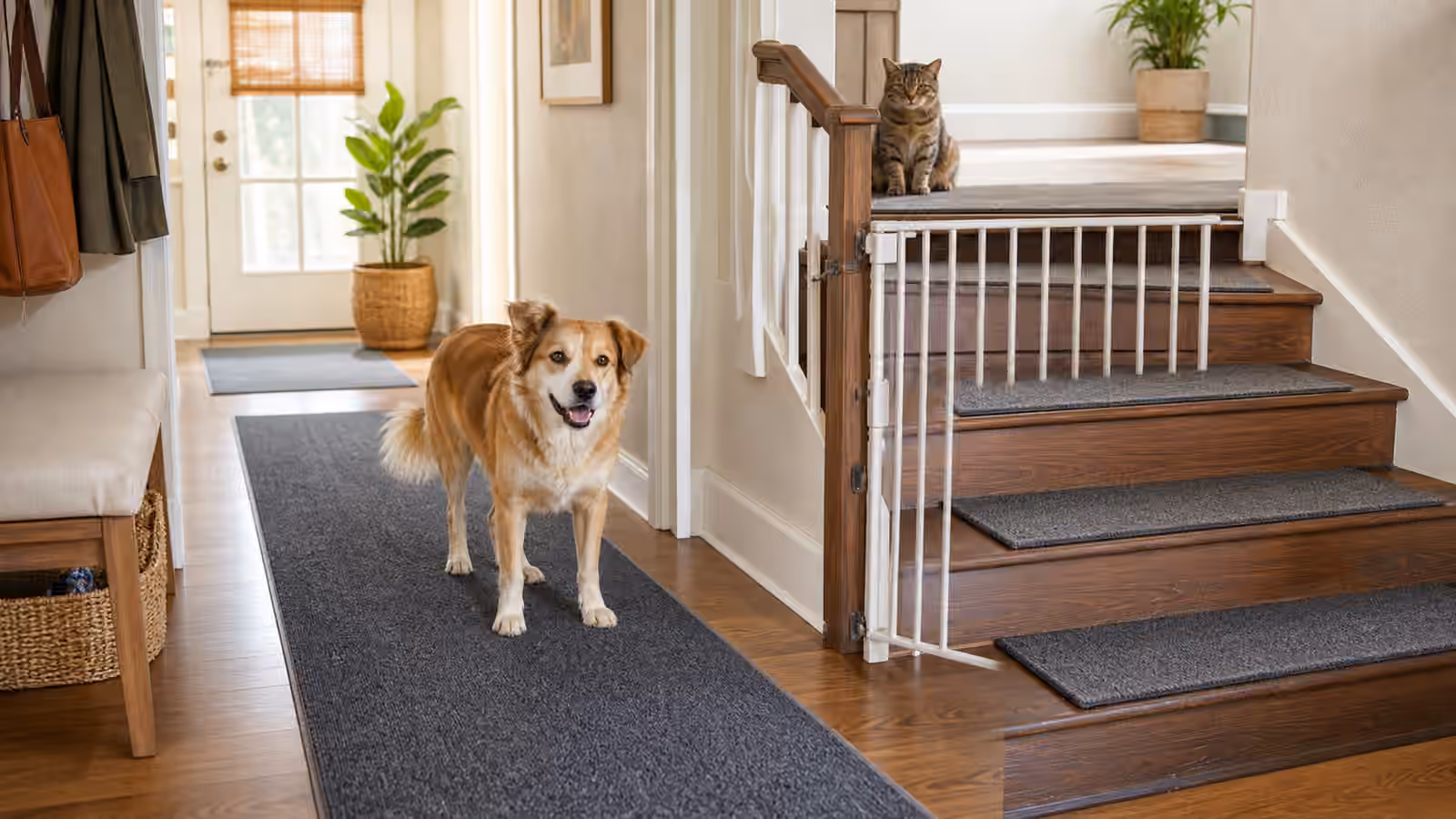A dog standing on a runner rug near carpeted stair treads while a cat sits behind a low gate.