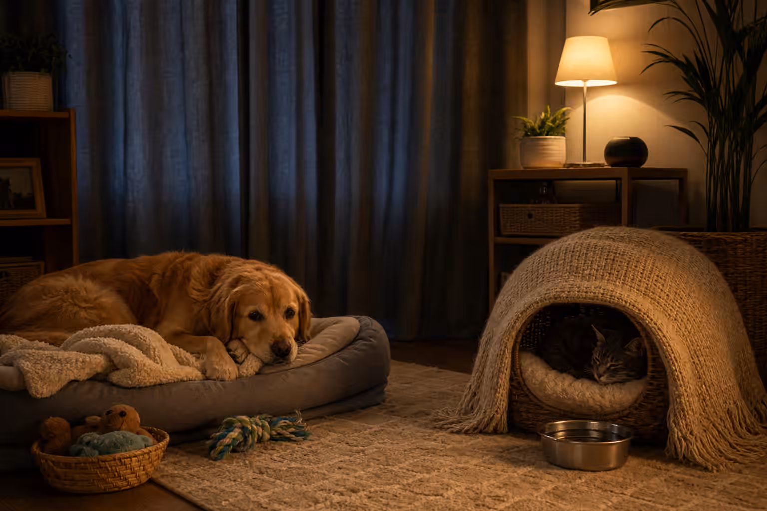 A calm dog and cat resting in a prepared quiet room with closed curtains, soft bedding, water, and familiar toys.