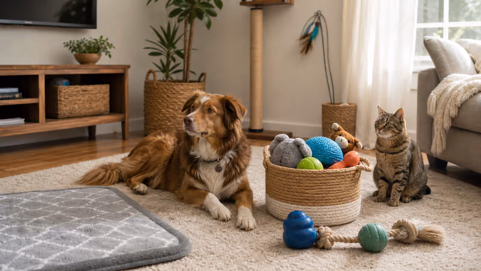 A tidy living room with a dog and cat near a basket of pet toys arranged for inspection and rotation.