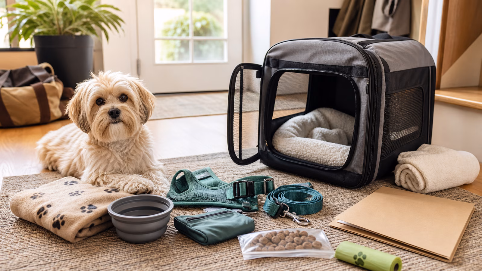 A pet travel setup with a carrier, leash, harness, water bowl, towels, treats, records folder, and comfort blanket.