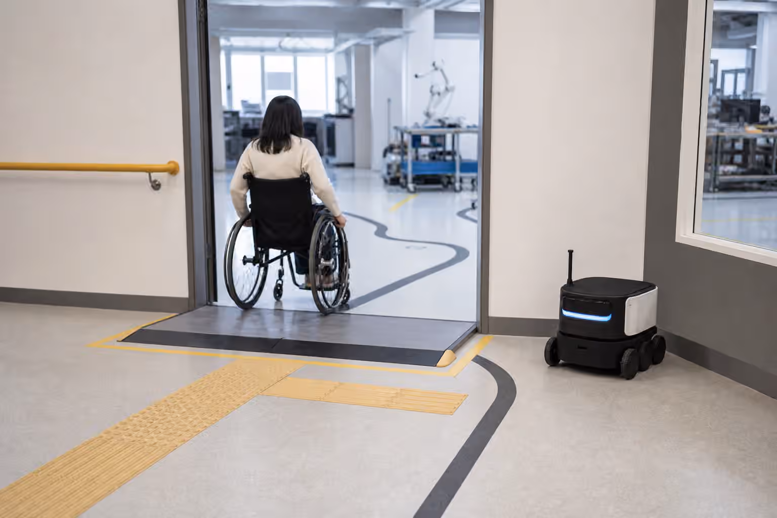 A mobile robot waiting near a wide doorway mockup with a low threshold ramp, tactile floor strip, handrail, and clear route space.