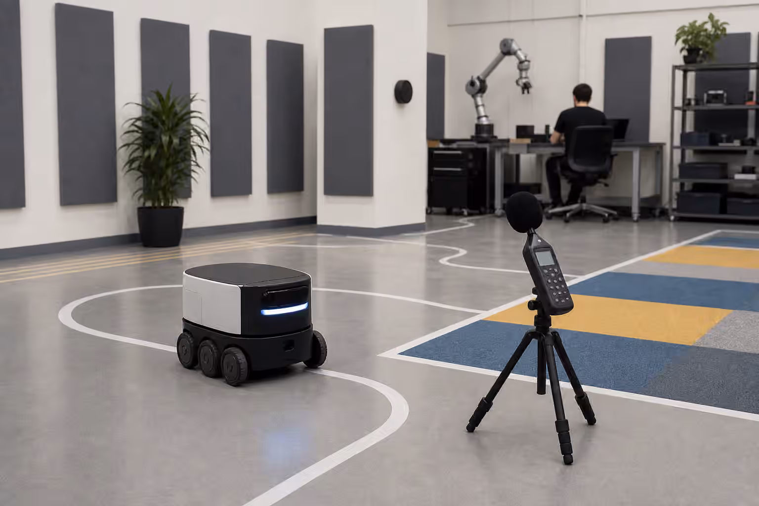 A quiet shared-space robot test area with a mobile robot, acoustic panels, floor markings, and a sound-level meter.