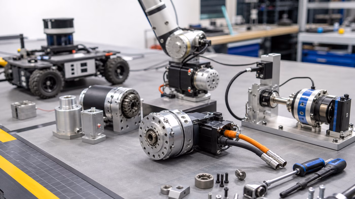A robotics lab bench with electric actuator modules, a robot arm joint, torque test rig, tools, cables, and a mobile robot in the background