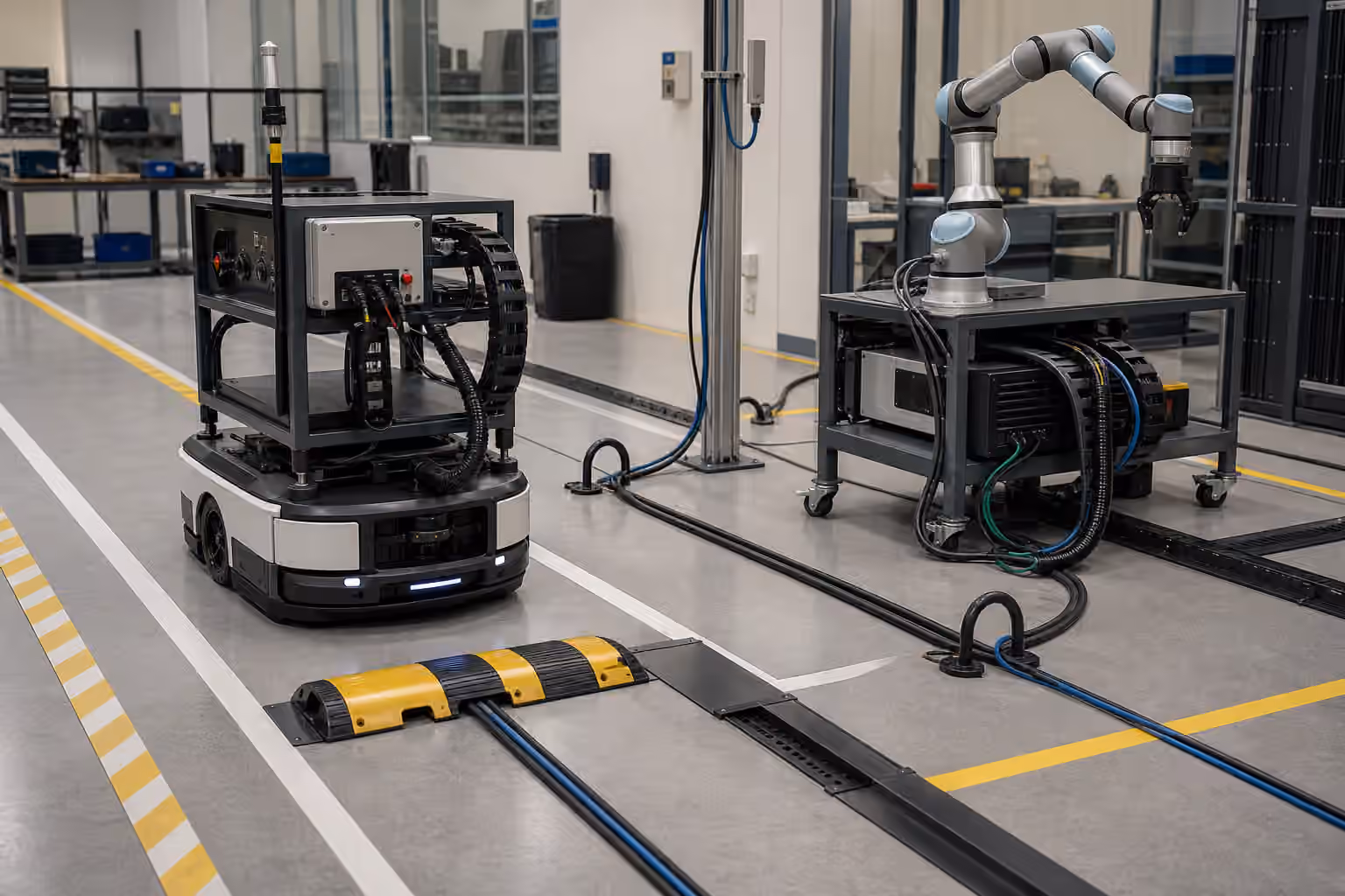 A robotics lab test lane with a mobile robot, robot arm, routed cables, hose guides, and floor cable covers.