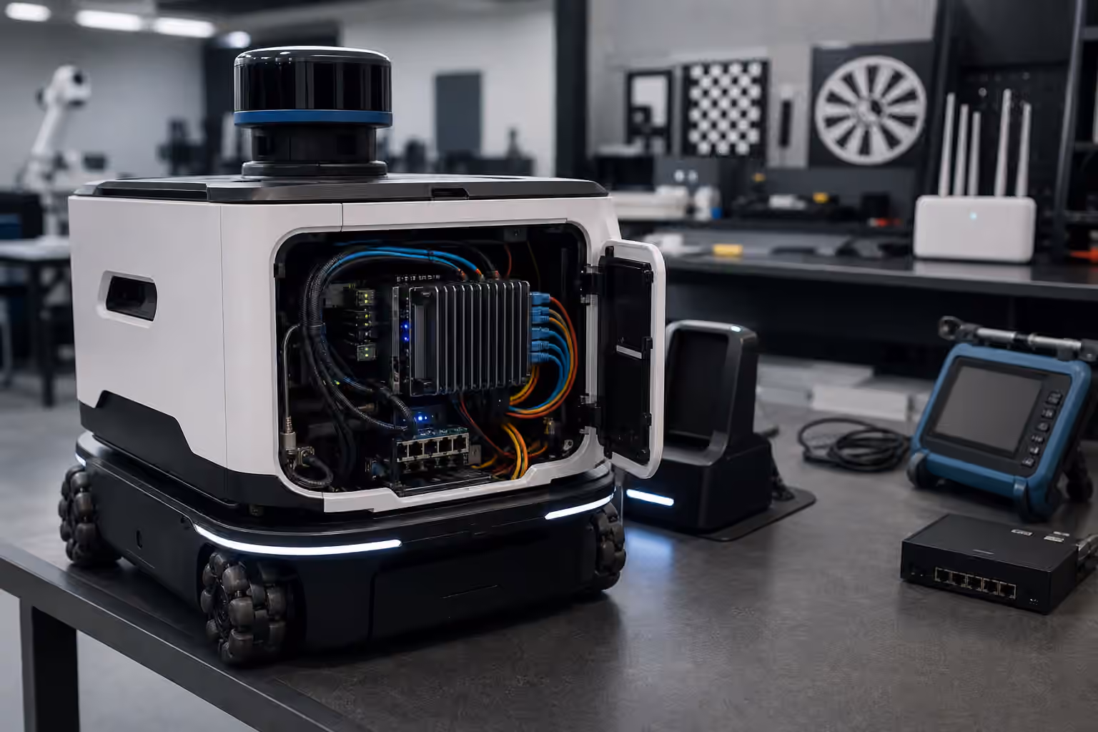 A mobile robot with an open compute panel, network gear, cables, and edge server hardware on a robotics lab bench.