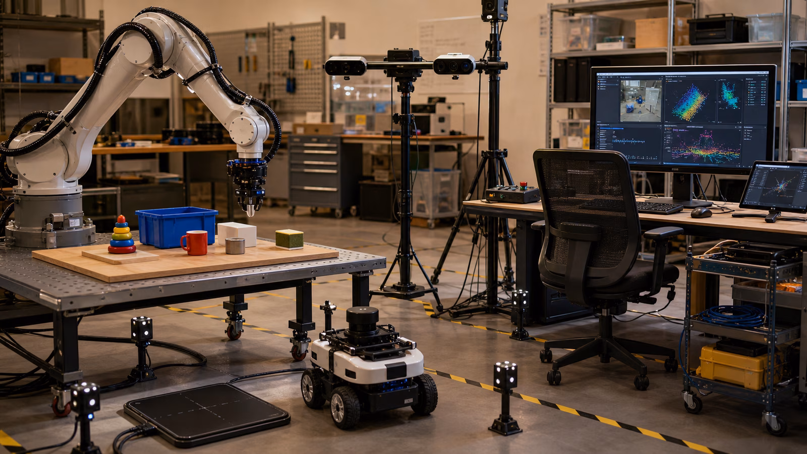 A robotics lab data collection station with a robot arm, mobile robot, sensors, test objects, logging workstation, calibration props, and safety tape.