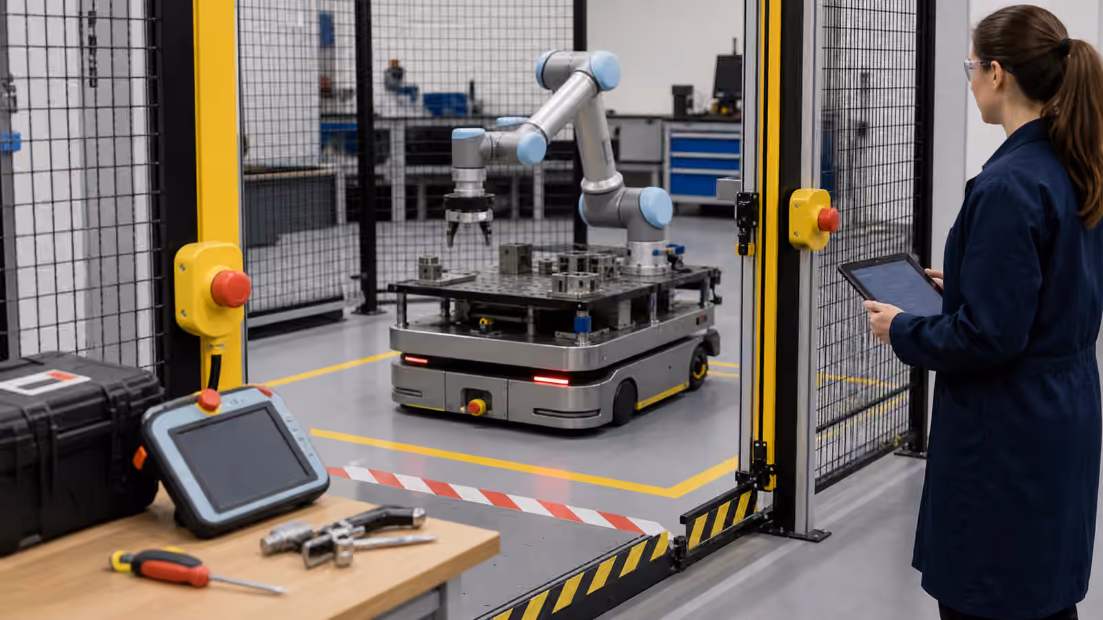 A marked robot workcell with a stopped mobile robot arm, emergency stop buttons, safety gate, and service tools.