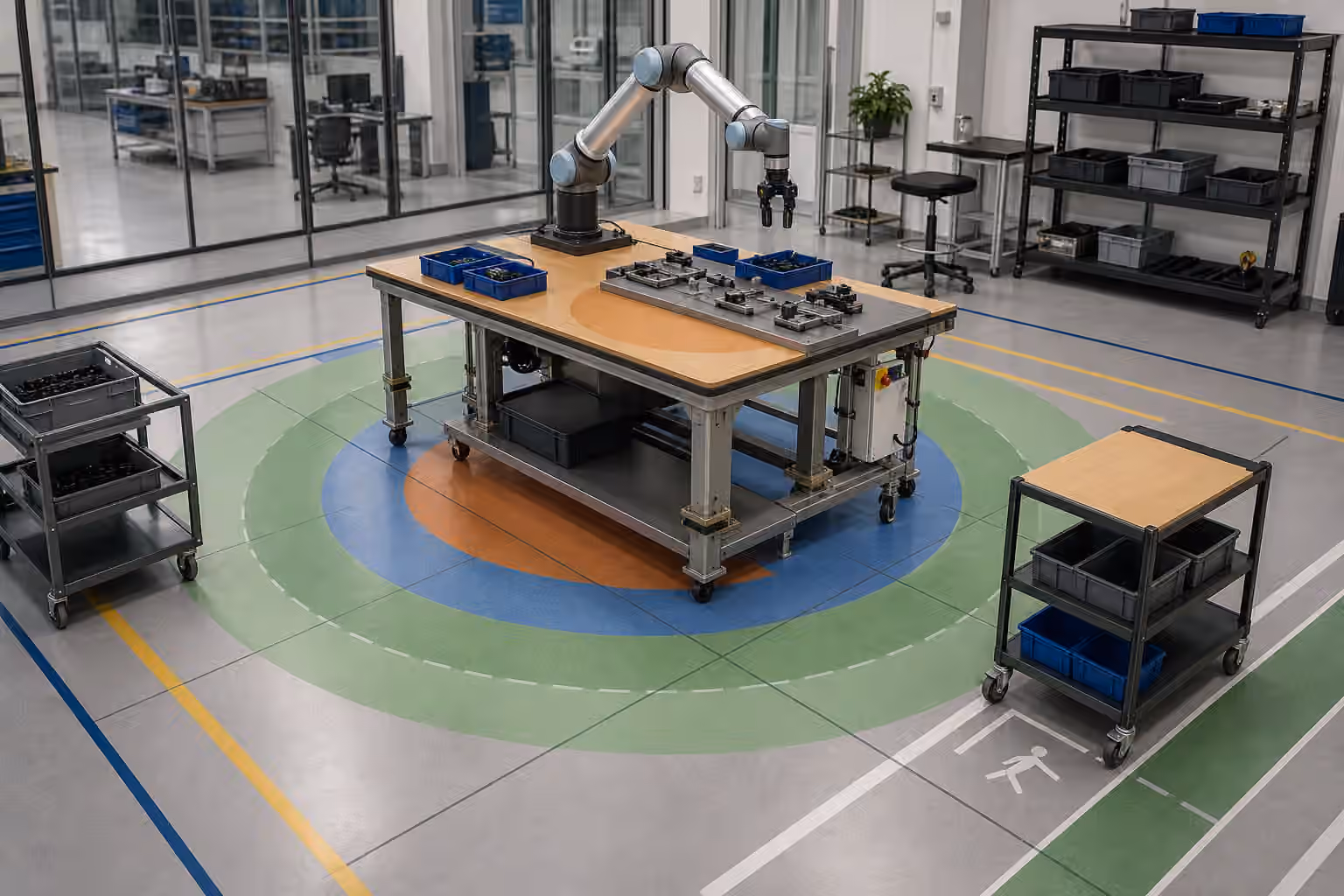 A robot arm workcell with an adjustable bench, carts, trays, shelves, and marked reach zones.