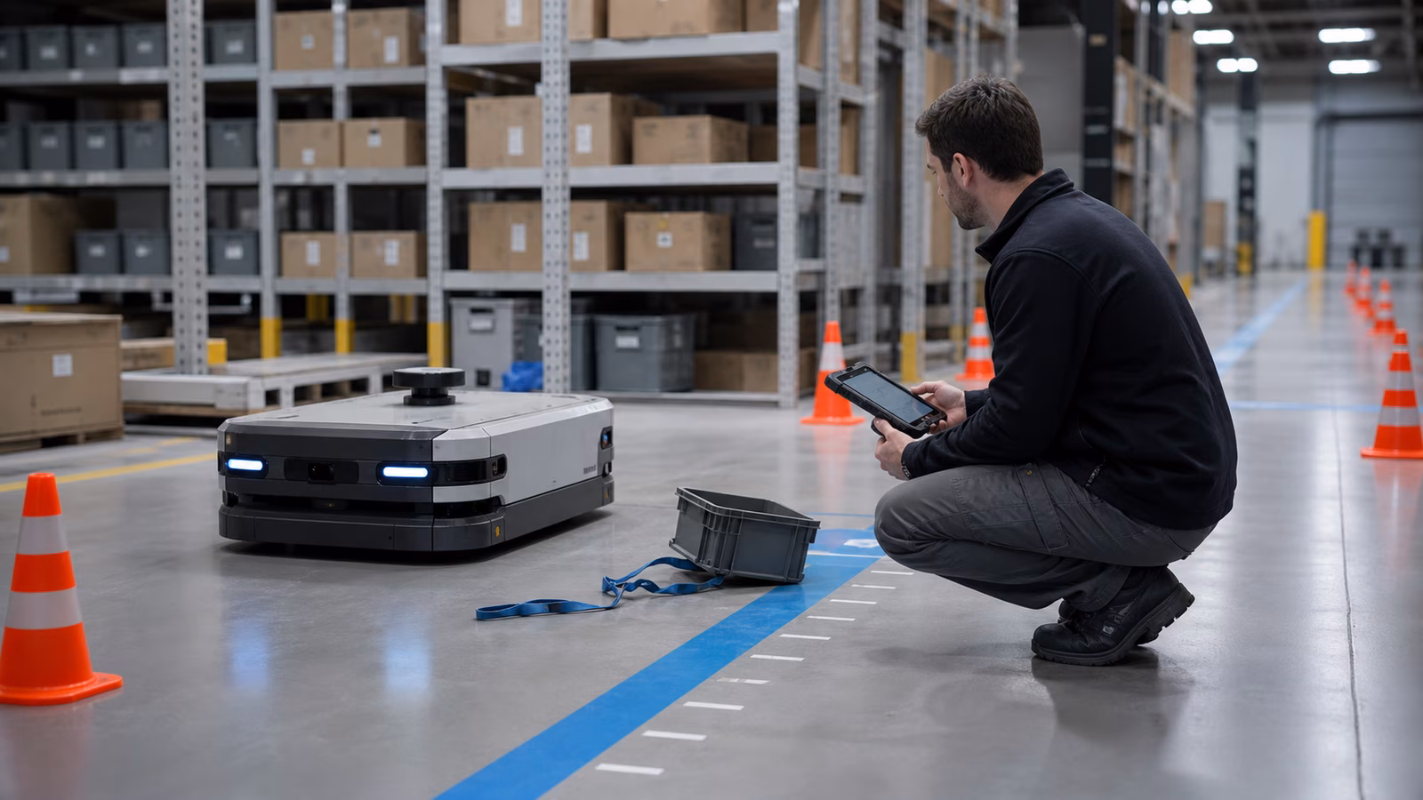 A technician checking a paused autonomous mobile robot in a warehouse aisle with safety cones, a tablet, and a displaced tote nearby.