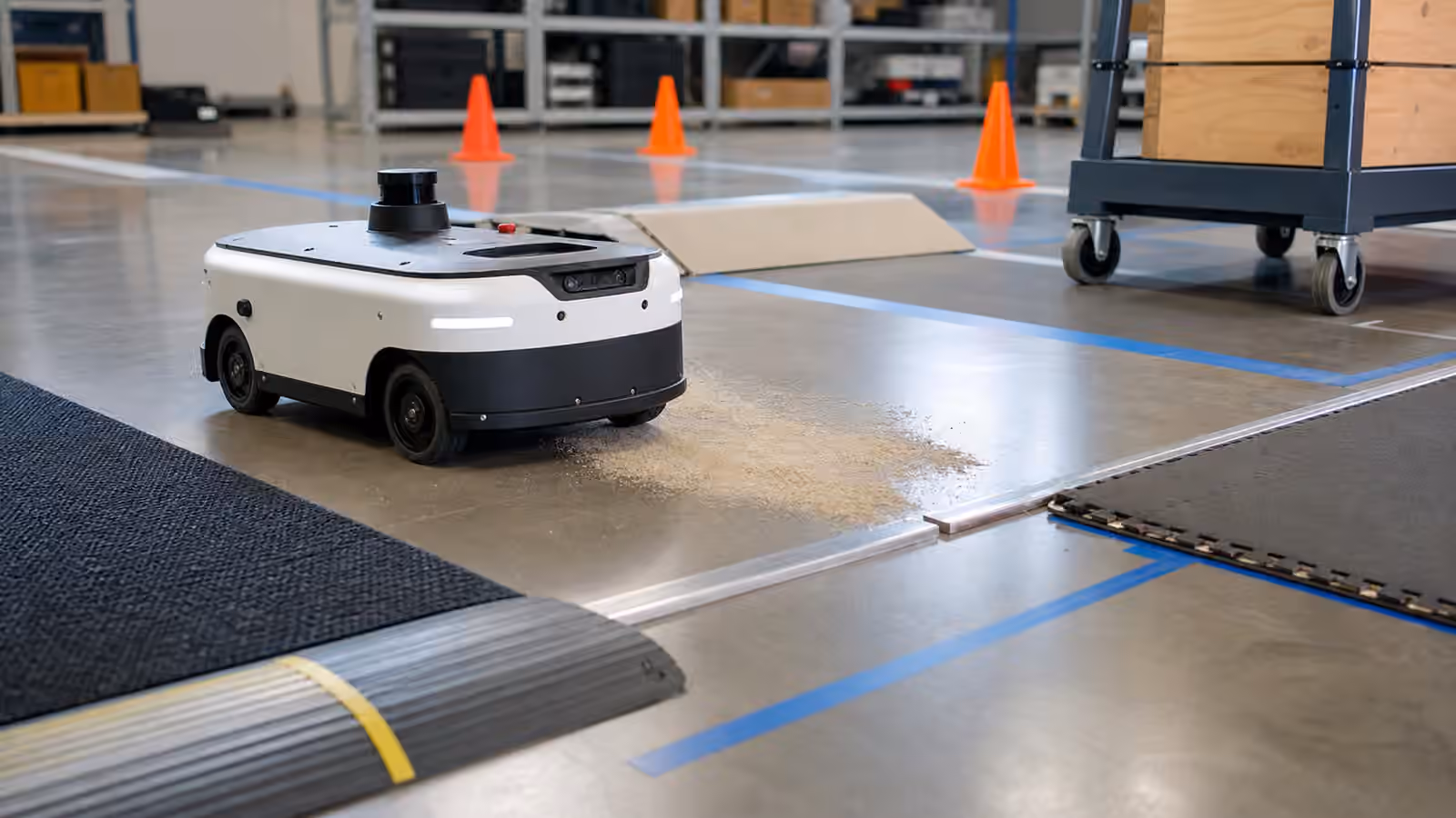 A mobile robot test lane with polished concrete, mats, a threshold strip, floor tape, cones, and a cart.