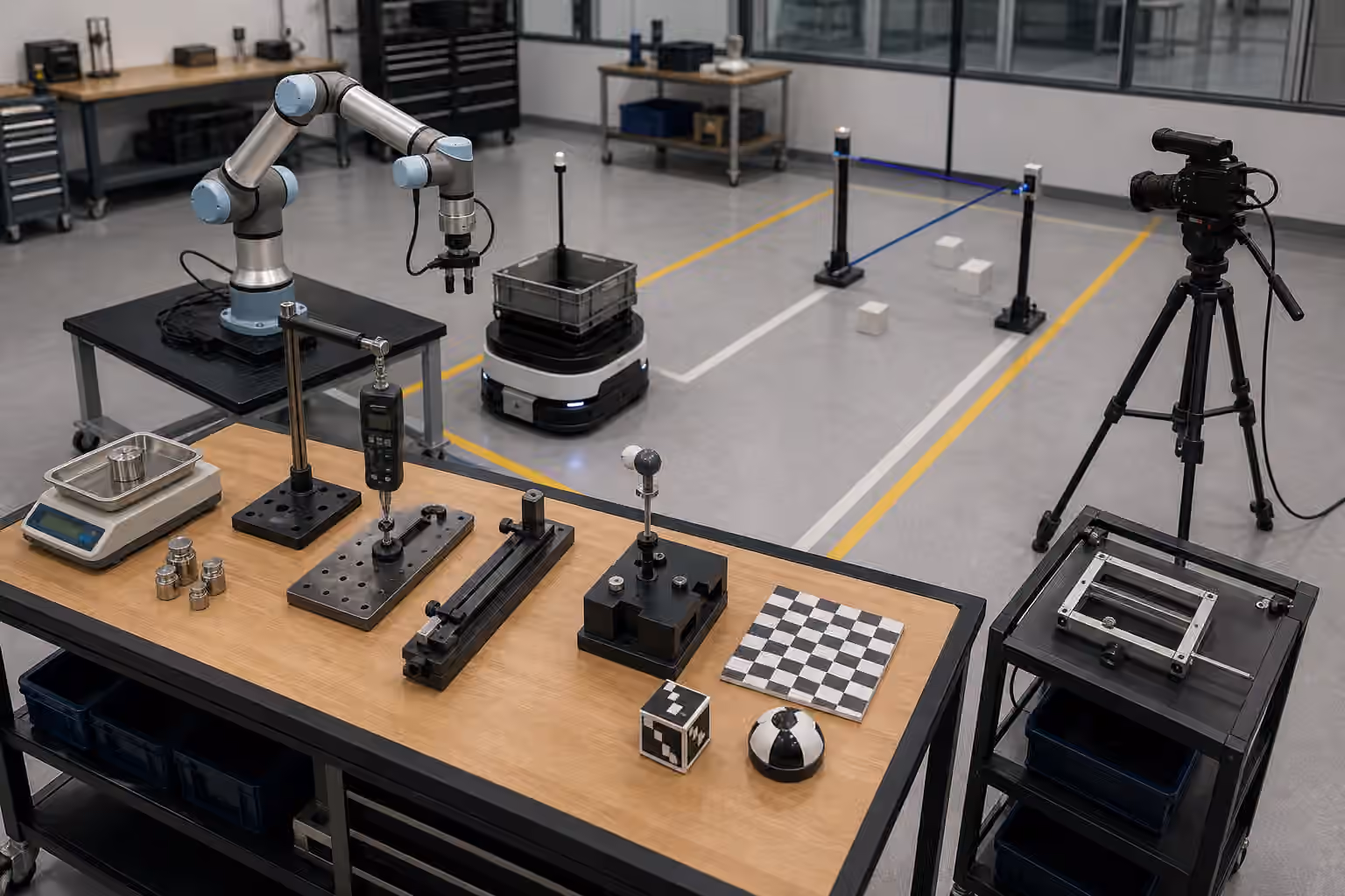 A robotics validation bench with a robot arm, mobile base, measurement fixtures, force gauge, scale, timing gate, and external camera.