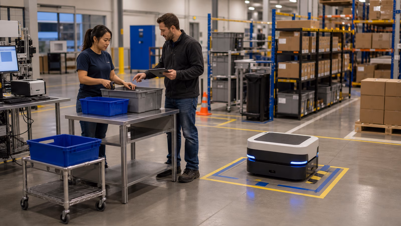 A mobile robot waiting safely beside a warehouse workstation while a worker and technician review totes, floor markings, and handoff flow.