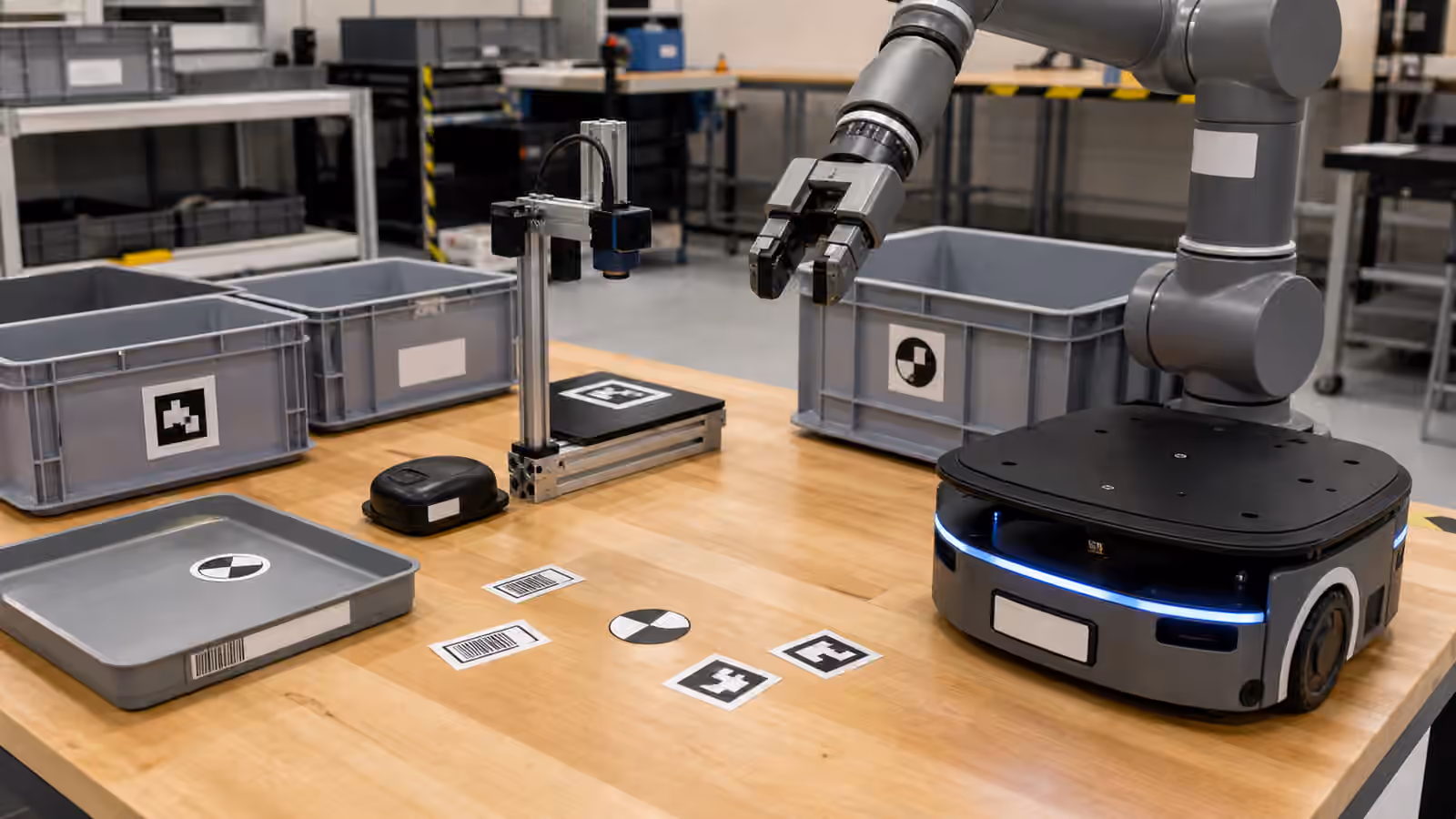 A robot arm and mobile robot near labeled totes, blank fiducial tags, trays, and a small scanning station.
