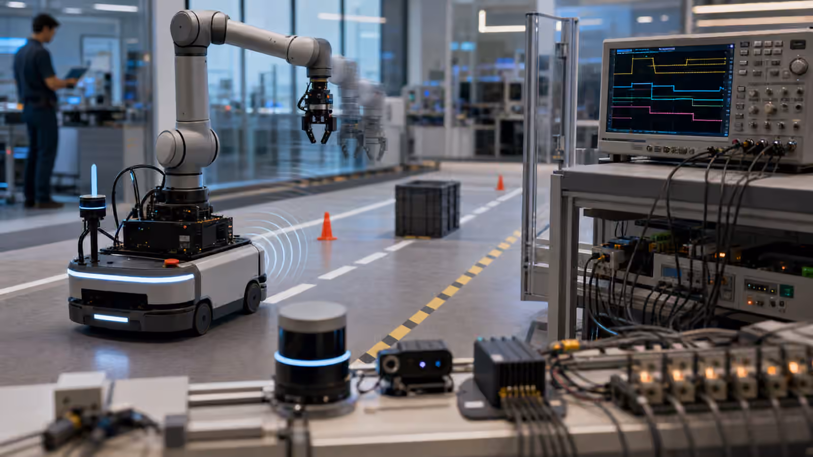 A robotics lab bench with a mobile robot, robot arm, sensors, timing equipment, and a marked test lane.